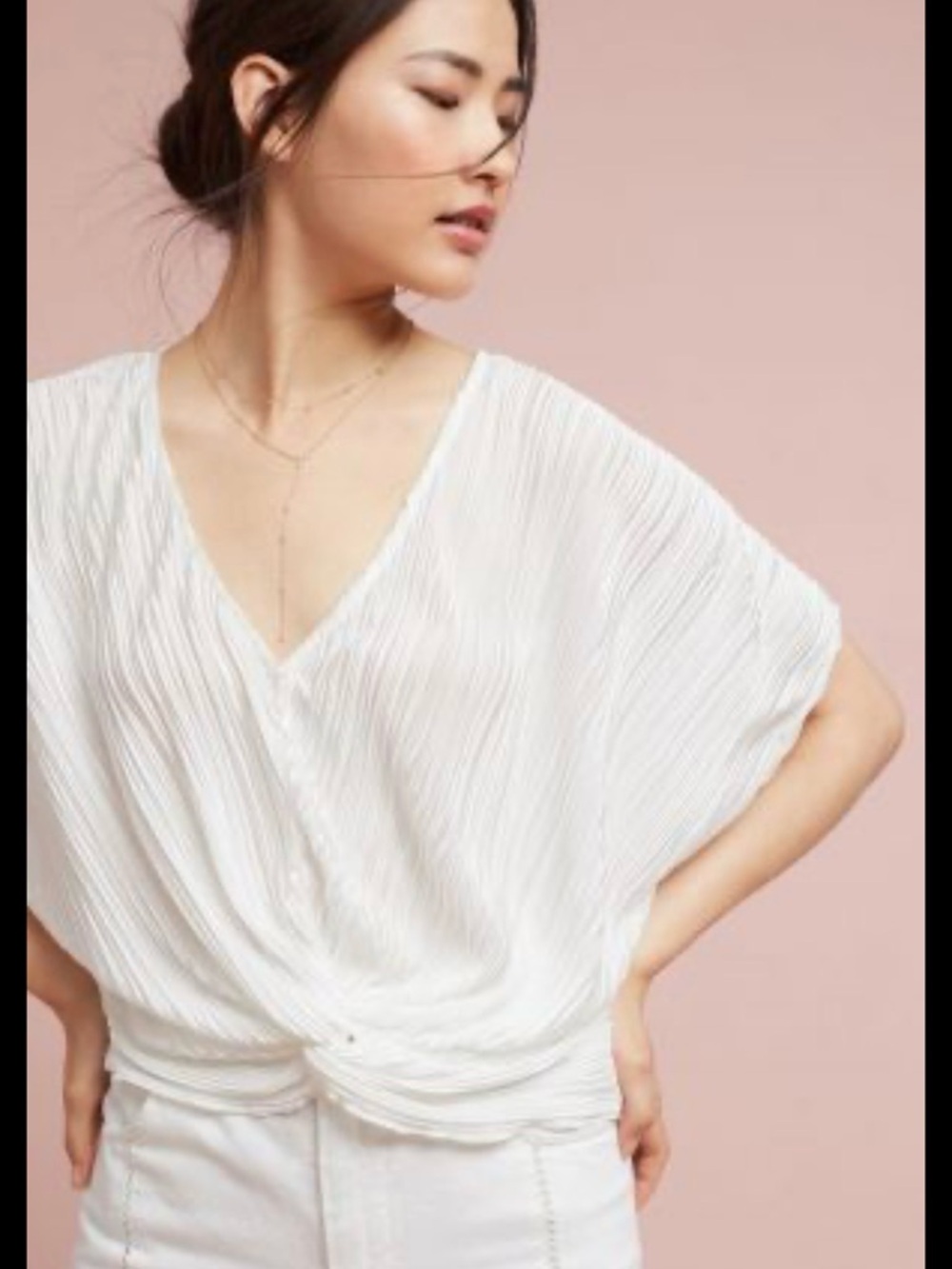 White Pleated V-Neck Short Sleeve Blouse